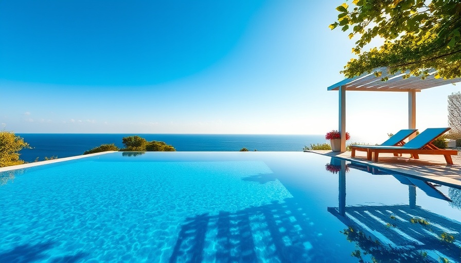Serene pool area overlooking the sea with tips to keep birds away.