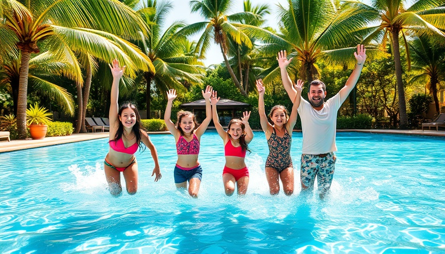 Family enjoying a pool day in tropical setting, symbolizing the need to prepare outdoor plumbing for summer entertaining.