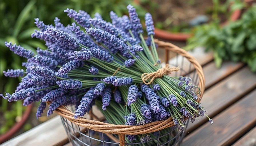 Freshly harvested lavender bunches in a basket on a bench.
