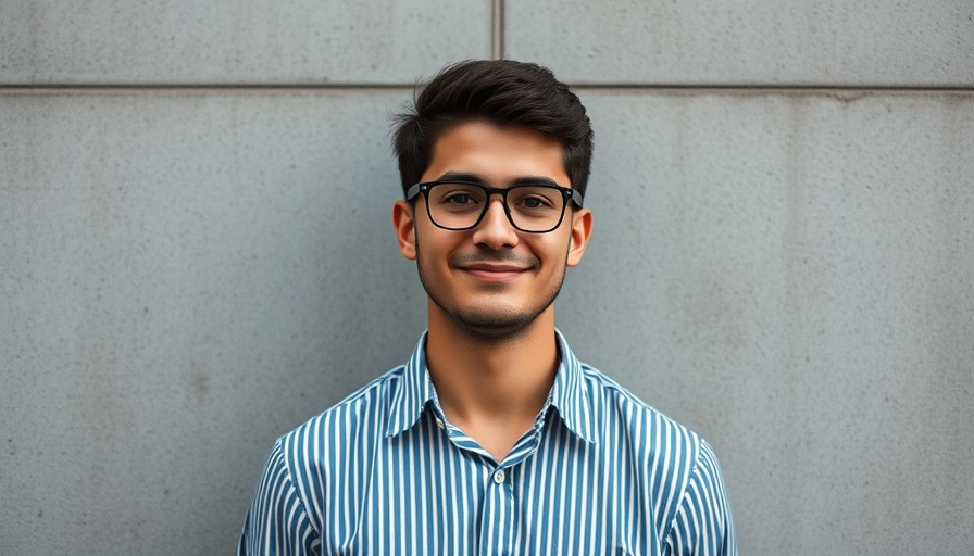 Young man smiling in striped shirt against concrete wall.