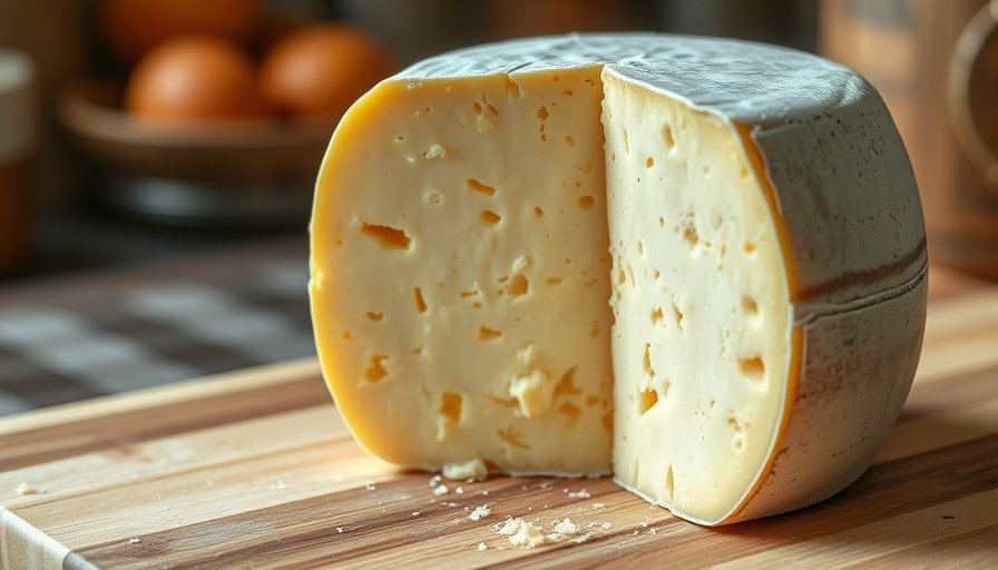 Fresh homemade cheese wheel on cutting board with knife, representing Home Cheesemaking.