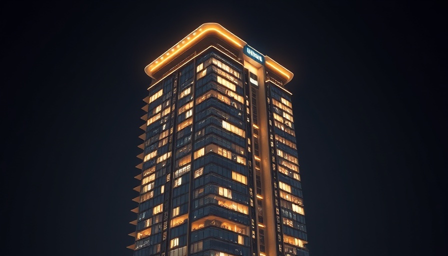 Modern building with smart energy-efficient lighting at night
