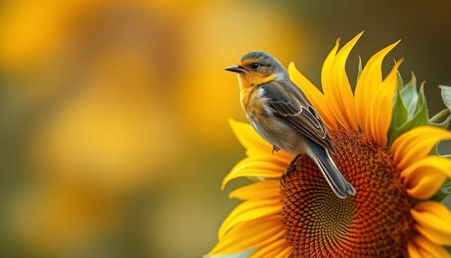 Bird perched on a sunflower head, highlighting how to keep birds away.