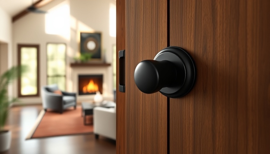 Kwikset Brentford handleset on door with cozy living room view.