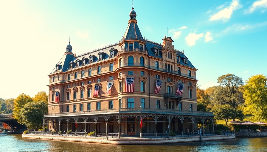 Victorian hotel near river, evokes Irving Berlin’s White Christmas nostalgia.