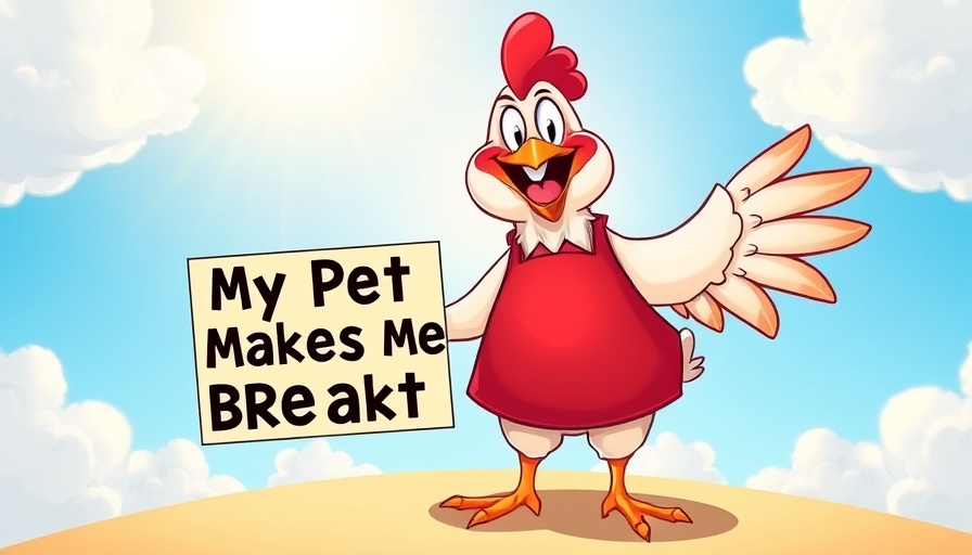 Bright cartoon chicken with apron, playful breakfast theme.
