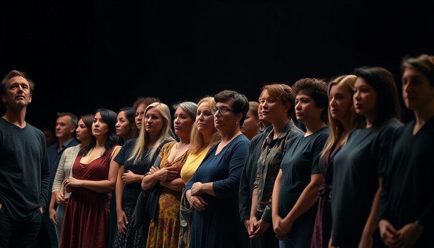 Performers on stage in a lineup reflecting Broadway music.