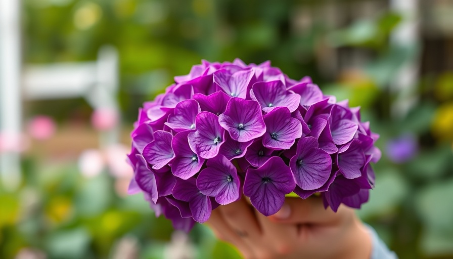 Drying purple hydrangea flower gently held against a garden background.