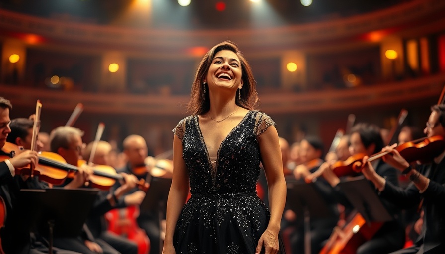 Performer in musical theater with orchestra backdrop.