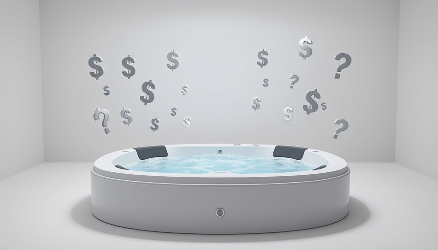 Modern hot tub with floating dollar signs and question marks highlighting LifeTrend Hot Tubs.