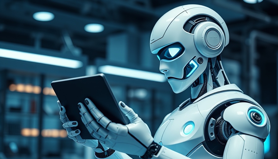 Futuristic robot in high-tech lab examining a tablet