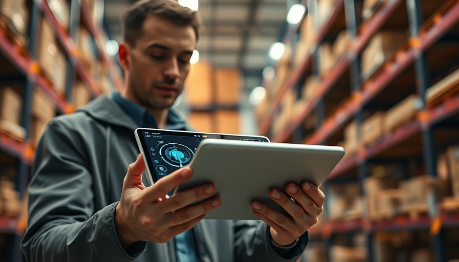 Tablet displaying AI security functions in a modern warehouse