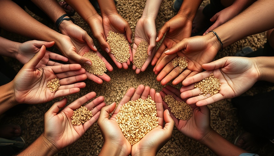 Diverse hands reaching for grains, symbolizing global hunger rates 2024.