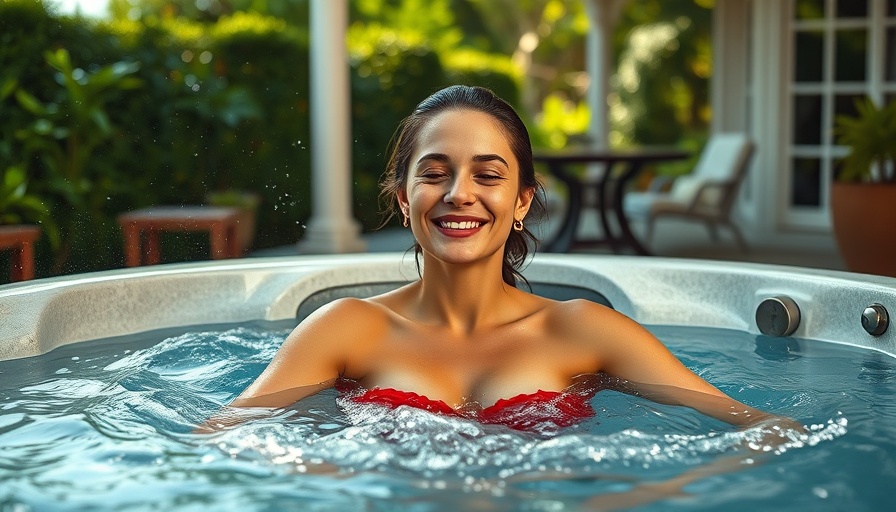 Relaxed woman in a hot tub, easing back-to-school burnout amidst nature.