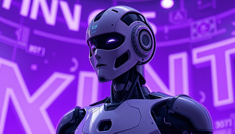 Futuristic android contemplating in digital space with floating letters.