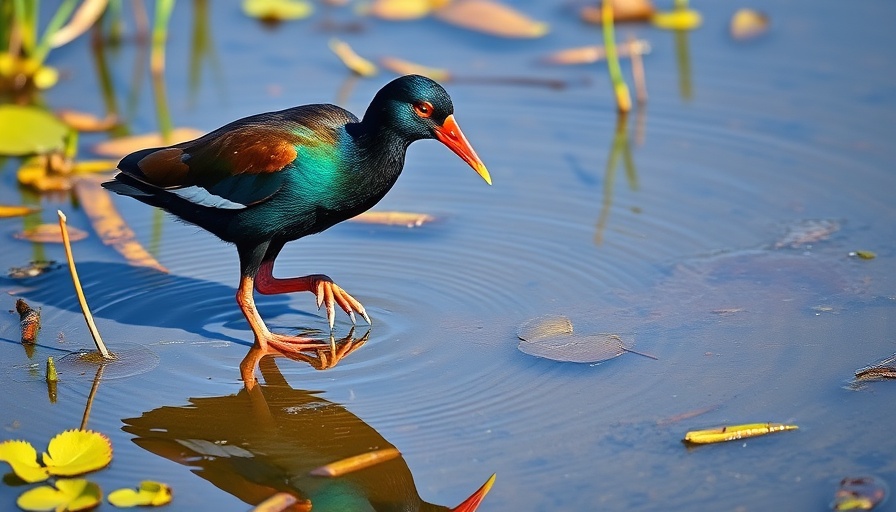 Bar ditch birds, moorhen with red beak foraging in wetland