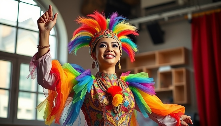 La Cage Aux Folles performer in vibrant costume at The Muny