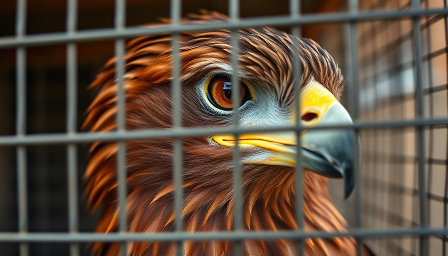 Thoughtful brown eagle in cage at Jain Bird Hospital in Delhi.