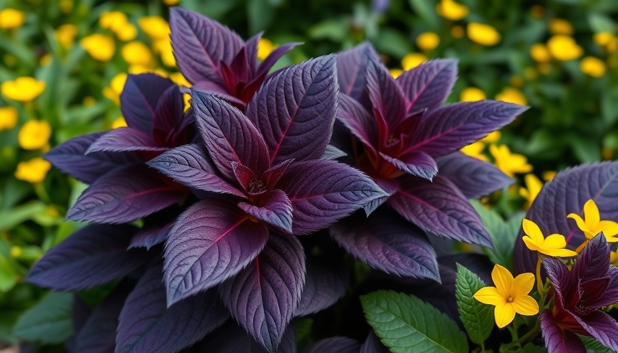 Unusual salad greens with vivid dark purple leaves in a lush garden.