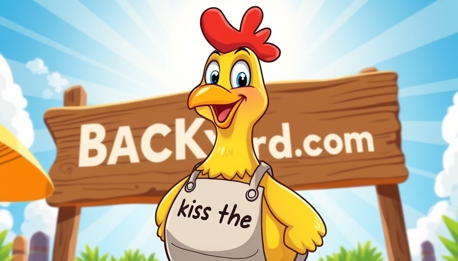 Cartoon chicken with apron in vibrant sunny scene, Backyard Chickens logo.