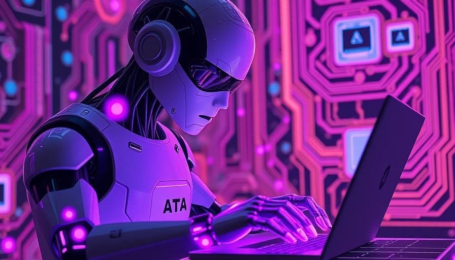 Futuristic robot using holographic laptop in digital setting highlighting microsecond ML inference latencies.