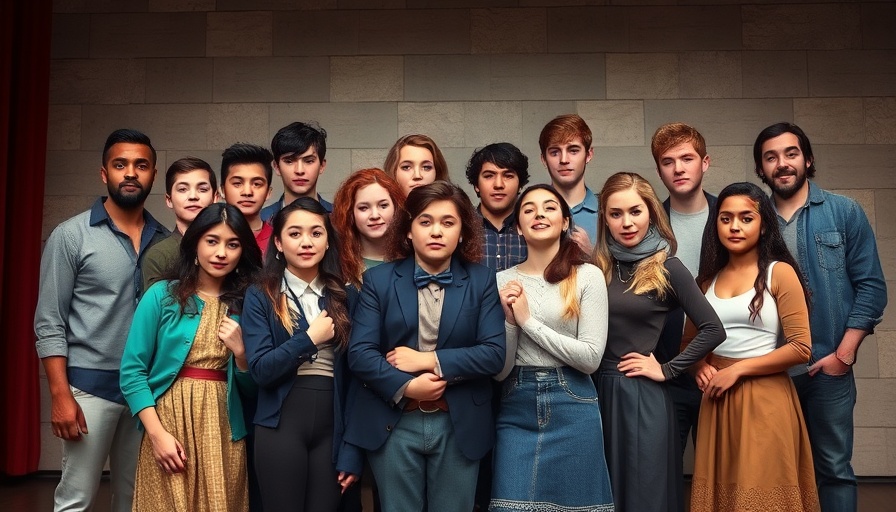 Oconee Youth Players in Urinetown musical cast photo on stage.