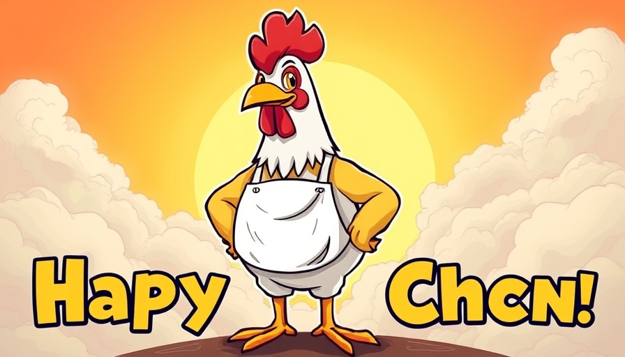 Cartoon chicken in apron with playful text about breakfast, choosing sand for chicken run.