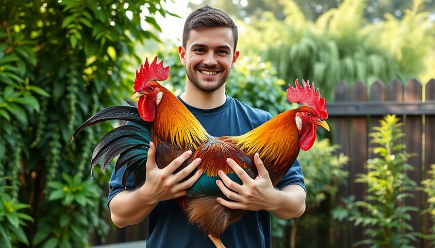 Young man holding a rooster in a garden, determine the age of your rooster.