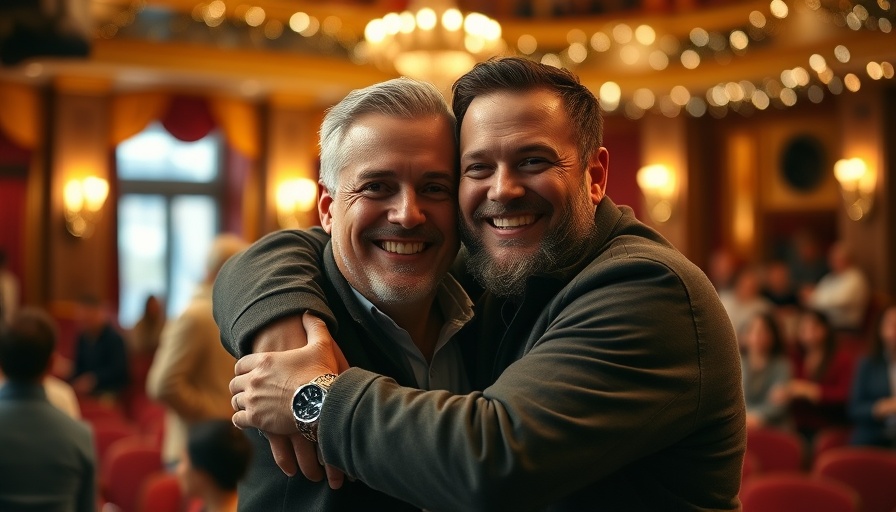 Hamilton 10th Anniversary Celebration: two smiling men embracing warmly.