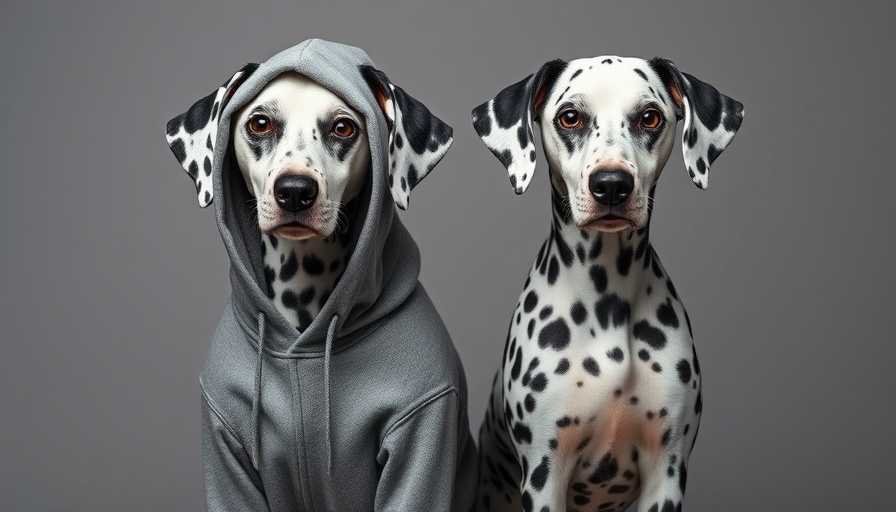 Two dalmatians, one in hoodie, showcasing contrasting styles.