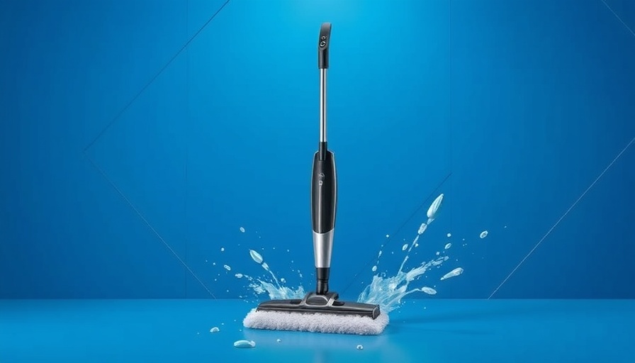 Modern sleek steam mop on blue geometric background