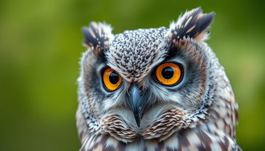 Close-up of a gray owl with yellow eyes against a green backdrop.