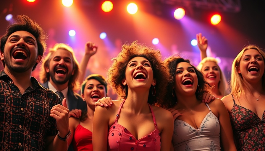 Mamma Mia notable stars performing energetically on stage in colorful costumes.