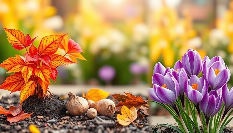 Colorful collage of autumn leaves, bulbs, and crocuses for fall gardening tips.