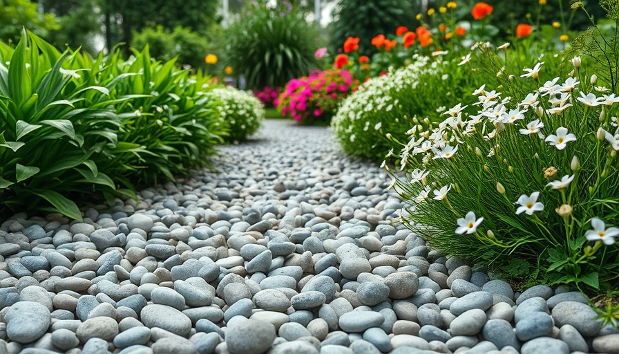 Dry river bed landscaping with lush greenery and white flowers.
