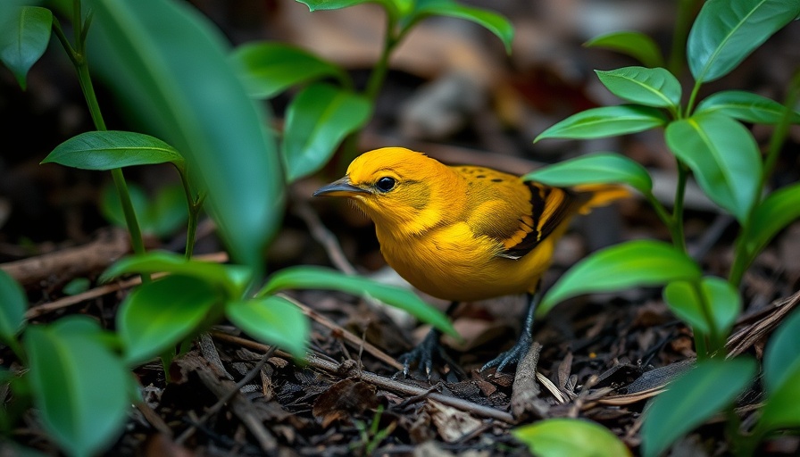 Ground-level birdwatching scene with yellow bird in foliage.