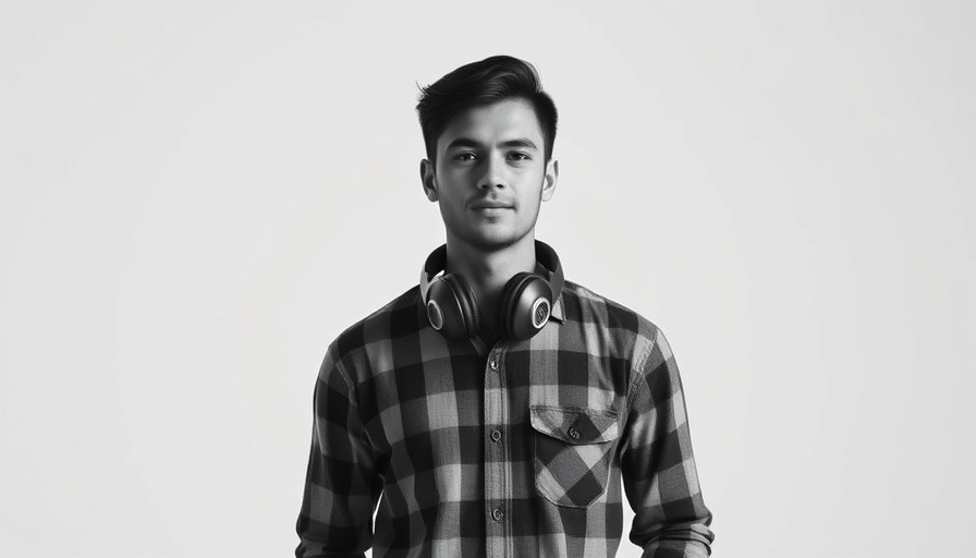 Person in plaid shirt with headphones in studio, world premiere of Glü musical.
