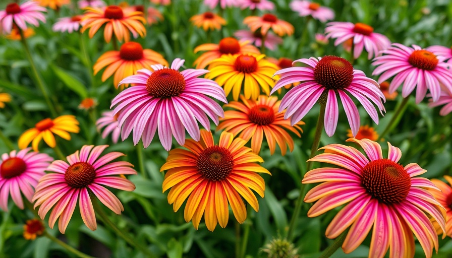 Echinacea flowers blooming in a lush garden setting.