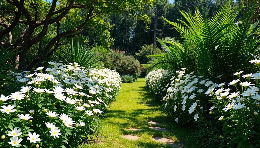 Vibrant outdoor garden with white flowers and greenery.