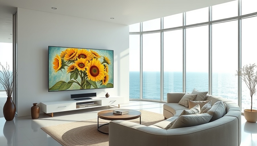 Skyworth Canvas Elite Art TV displaying art in elegant room with ocean view.
