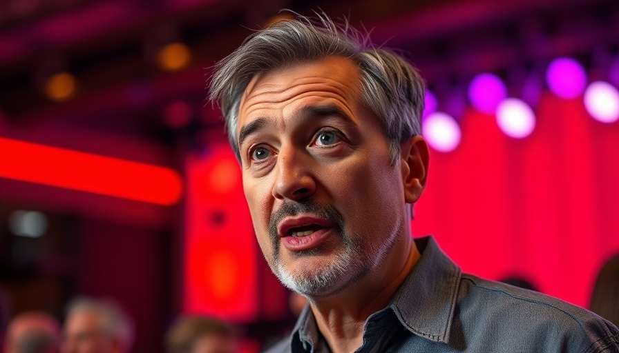 Animated man discussing on stage at a vibrant conference event.