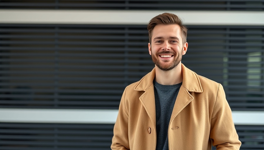 Casual man in tan coat smiling in front of black slatted wall.
