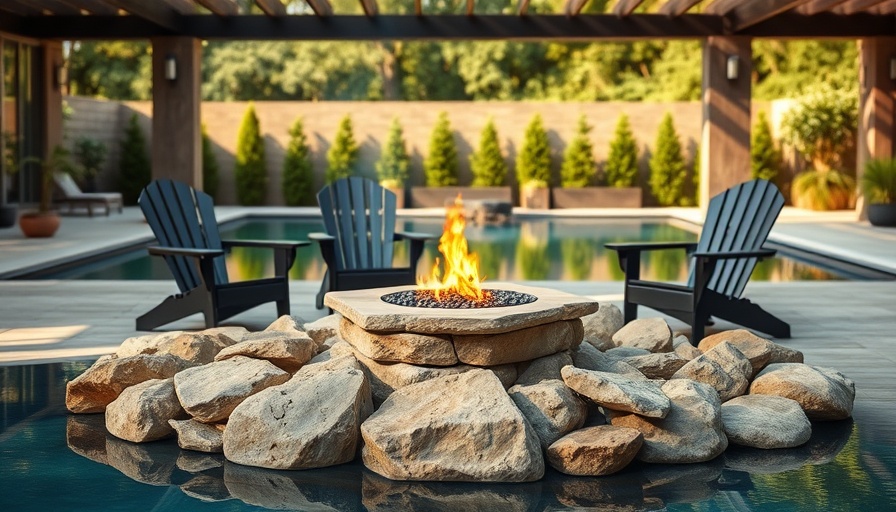 Elegant poolside fire pit area with chairs and scenic view