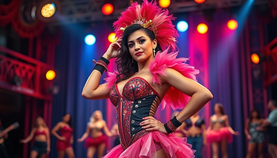 Vibrant performer in a showgirl costume on stage with colorful lights.