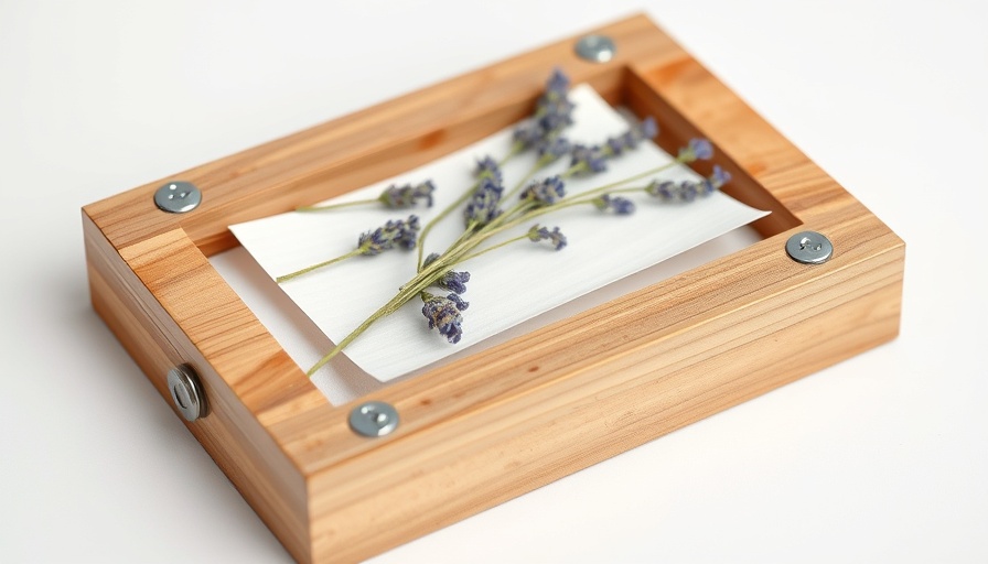 Handmade flower press with lavender in wooden frame.