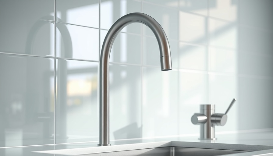 Modern kitchen faucet with glass tile backsplash reflecting light.