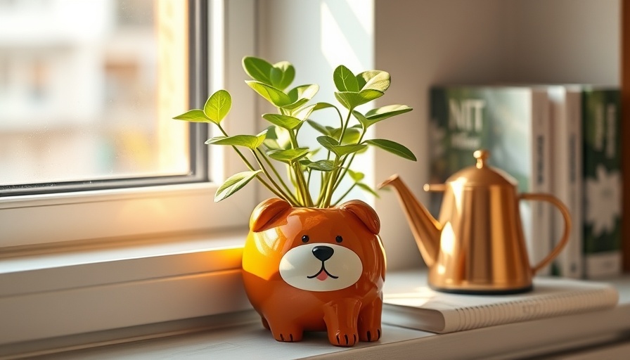 Apartment decor ideas: Cute dog-themed planter and gold watering can on windowsill.