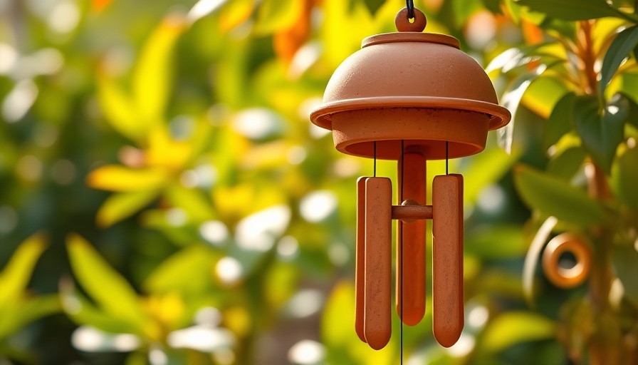 Charming DIY terracotta wind chime in a lush garden scene.