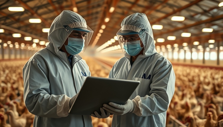 Professionals in poultry farm analyzing data on HPAI impact, Polish poultry sector.