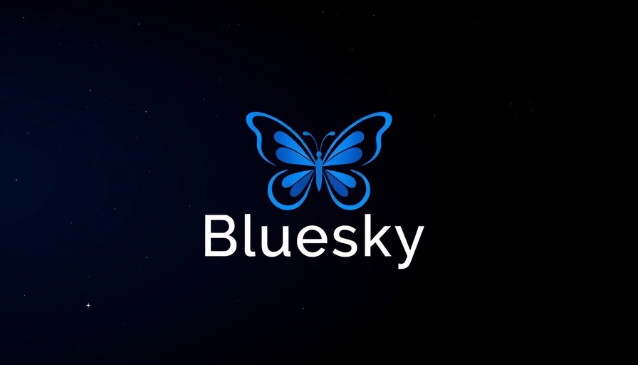 Bluesky logo with butterfly symbol on a dark blue gradient background.